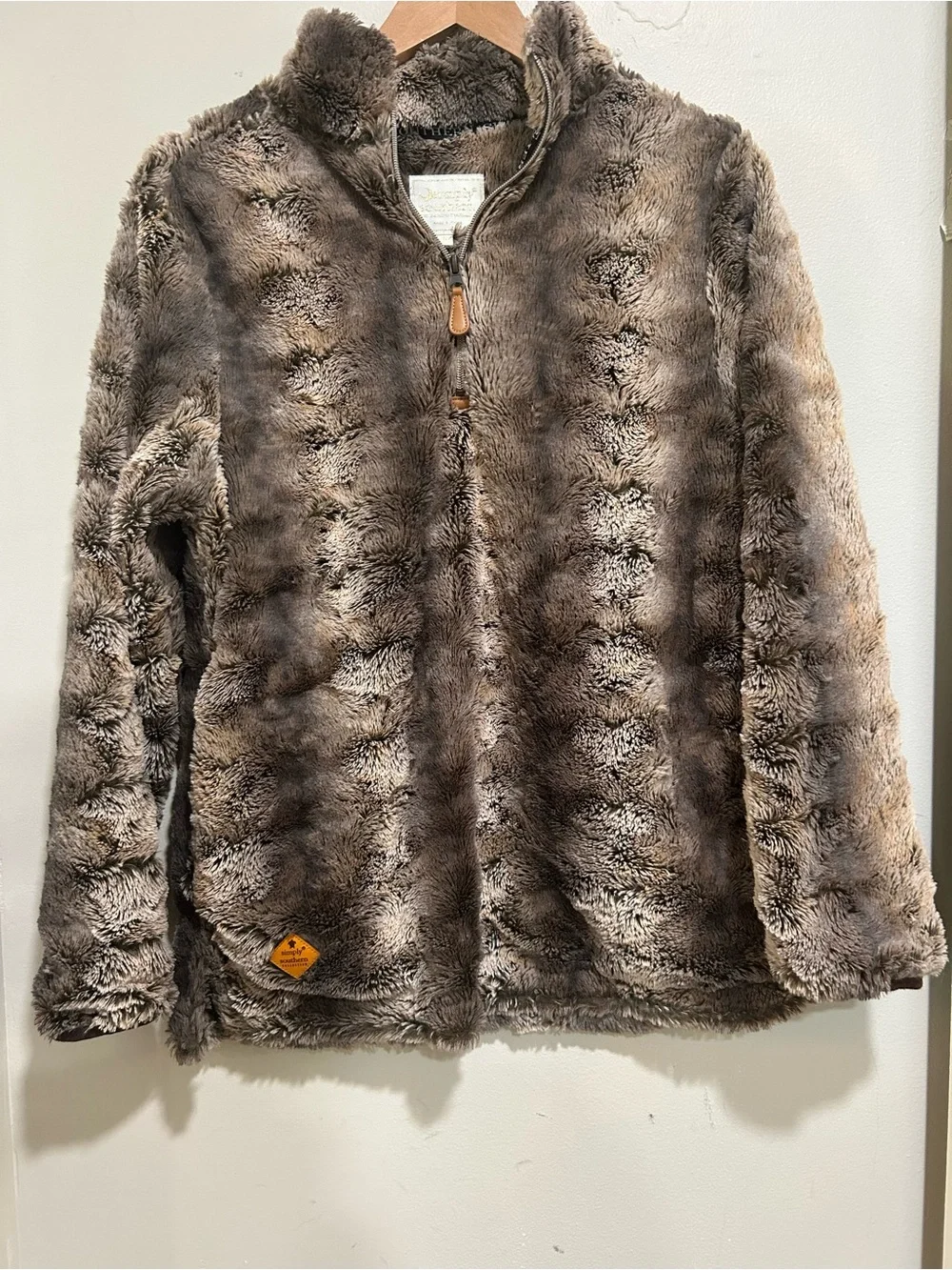 Simply Southern Brown Plush Faux Fur Quarter Zip Pullover Small